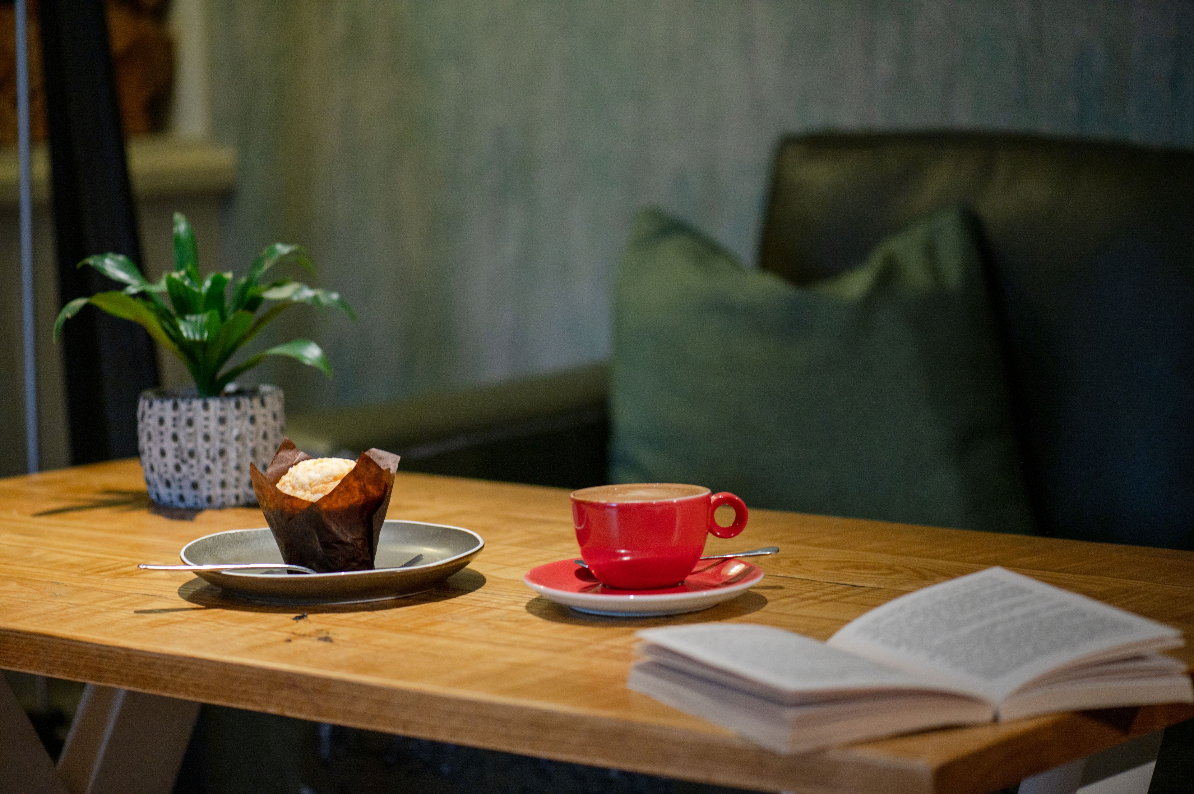 Coffee table with mug, book and muffin